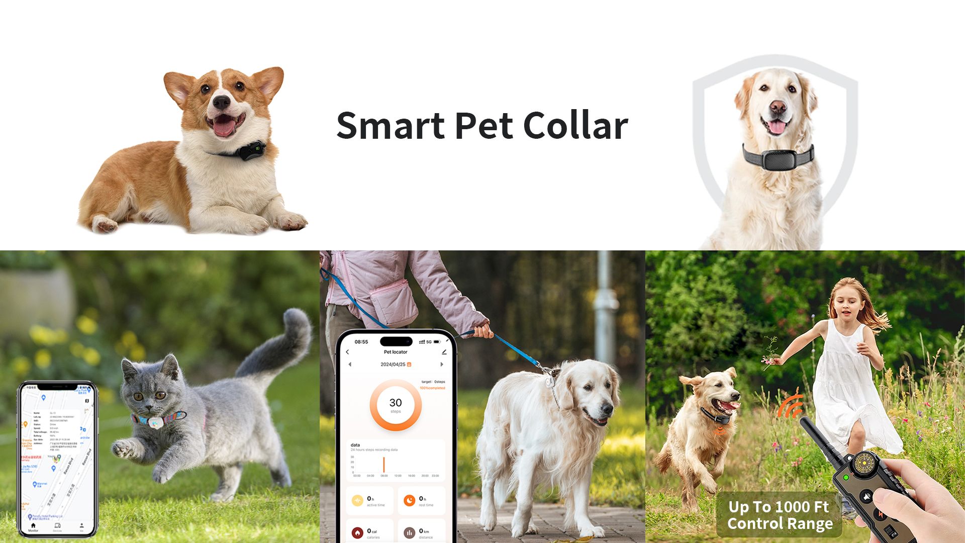 Smart pet collar GPS tracking Pet health monitoring Behavior training dog collar Barking control collar
